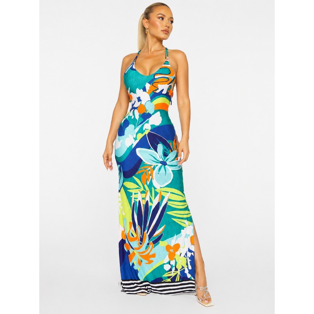 NWT Fashion Nova Brunch All Day Sun Maxi Dress Turquoise Vacation Resort S - Picture 1 of 8